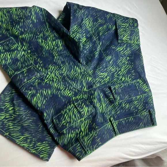 I AM GIA blue denim green zebra animal cargo wide leg pants jeans